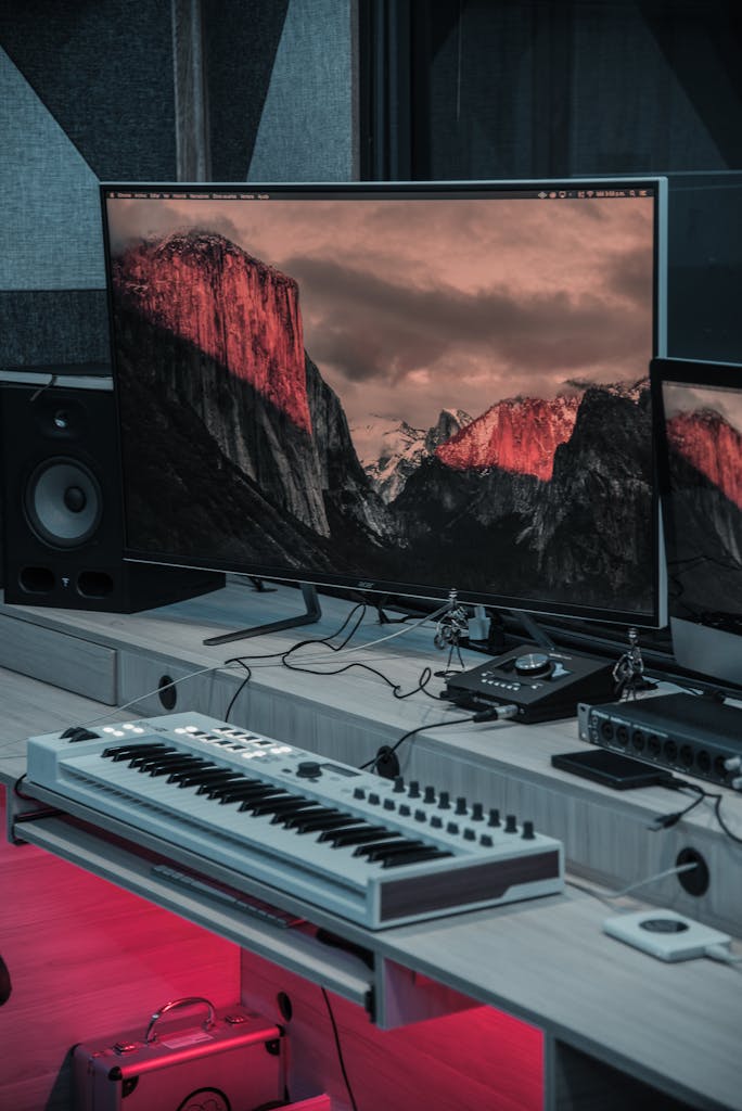 Discover a cutting-edge music studio featuring electronic equipment and an audio mixer.